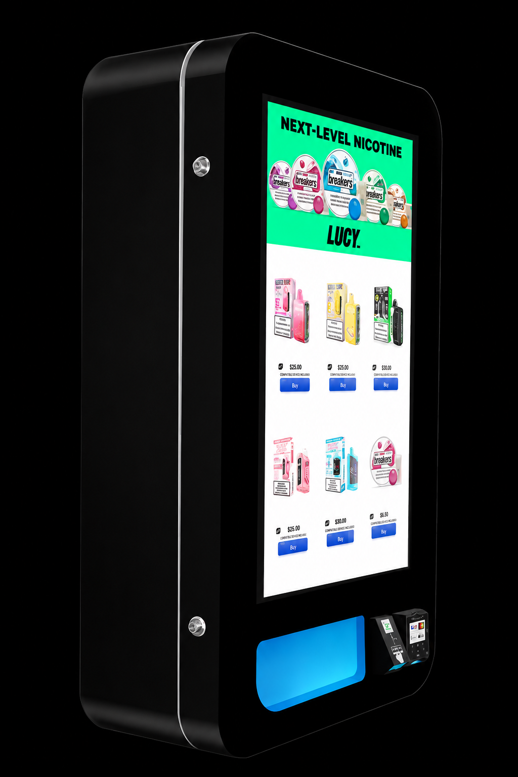 Vicebox wall-mount vending machine with illuminated display and black background